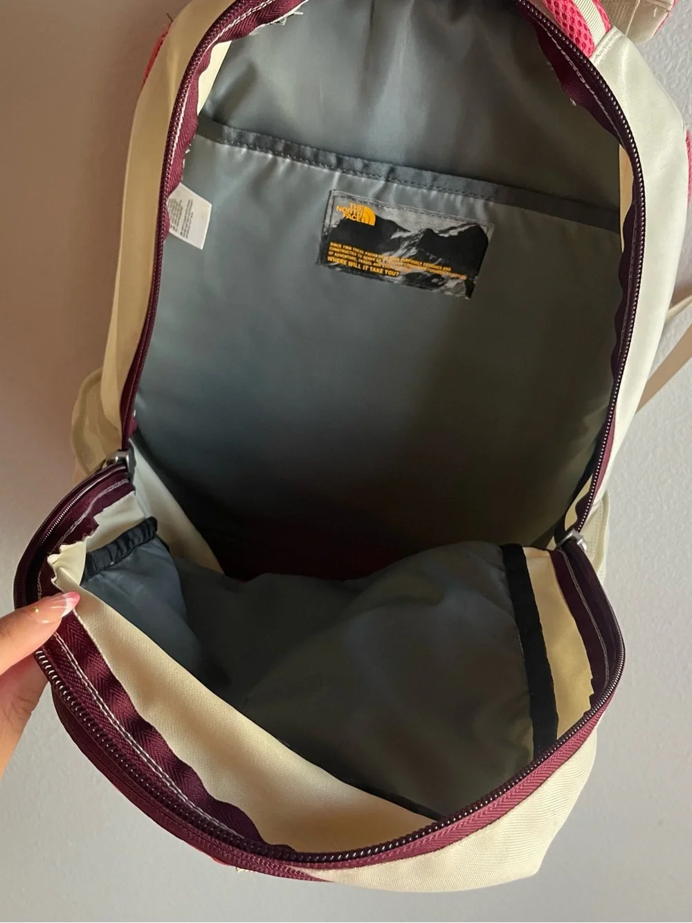 The North Face Cream and Pink Daypack Backpack